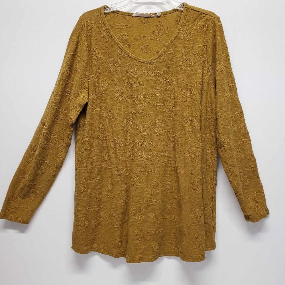 Soft Surroundings Textured V-Neck Long Sleeve Top Size Large Mustard Cotton